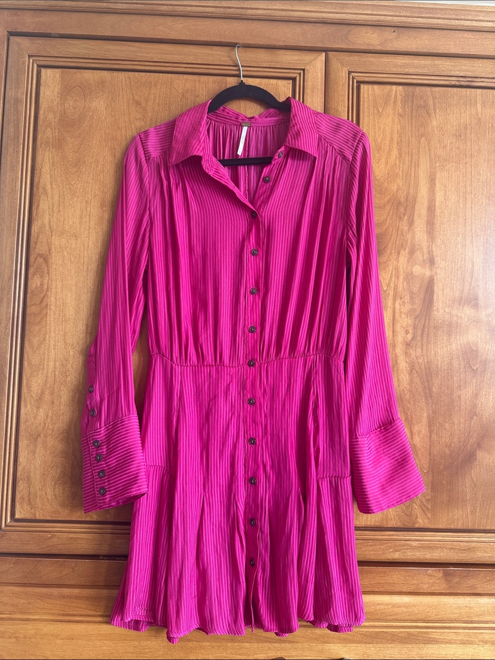 Free People Hot Pink Pleated Button-Front Shirt Dress